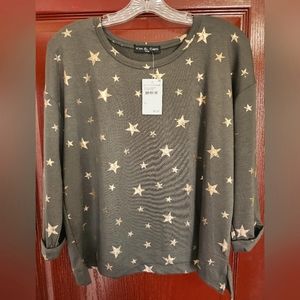 Olive green with gold stars scoop neck shirt size L